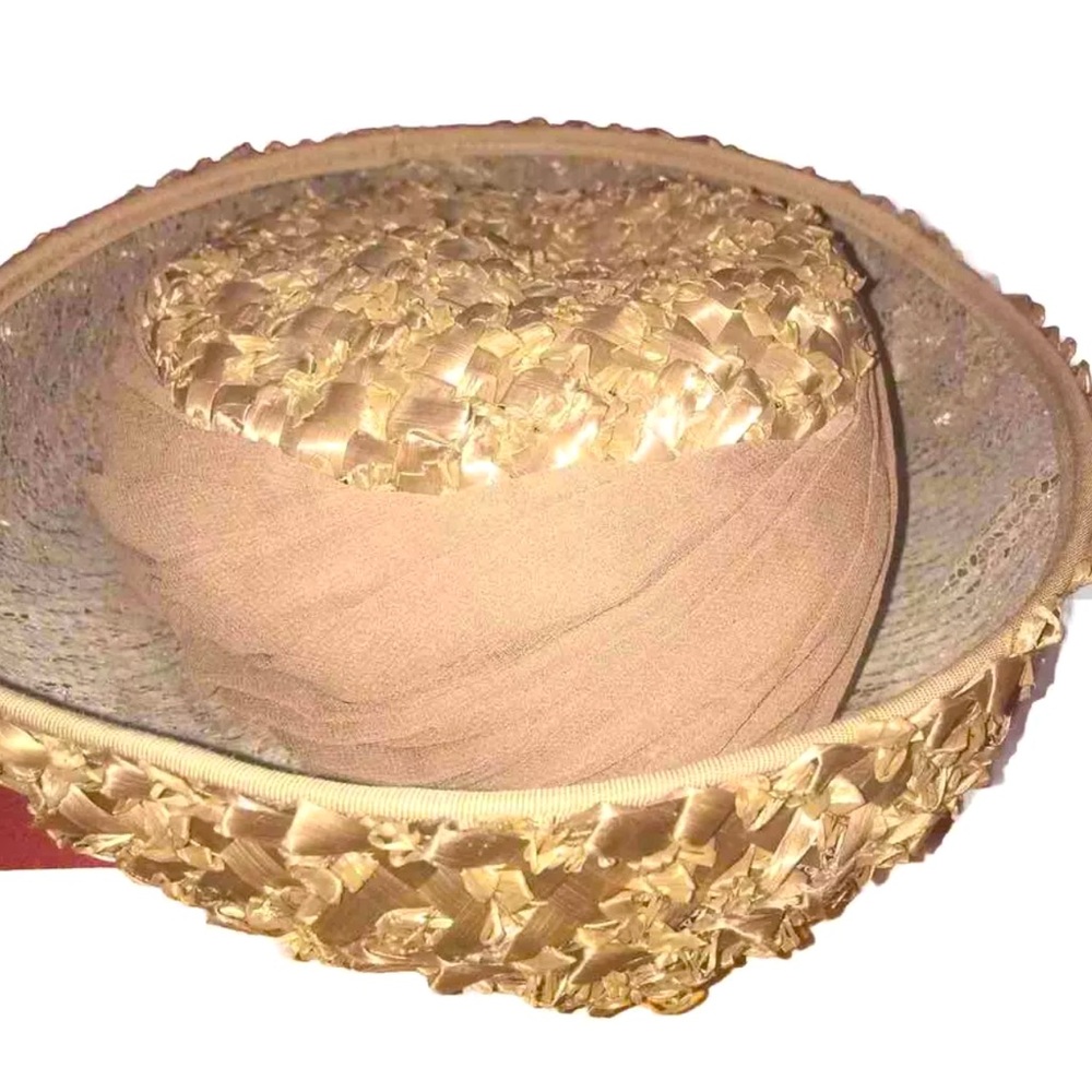 Tan STRAW vintage HAT Clover Lane Union USA Made pillbox 50s Grandma Church lady